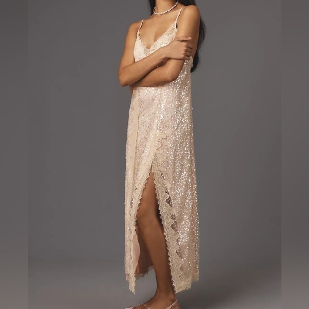 Anthropologie En Elly Sleeveless V-Neck Lace Sequin Slip Midi Dress